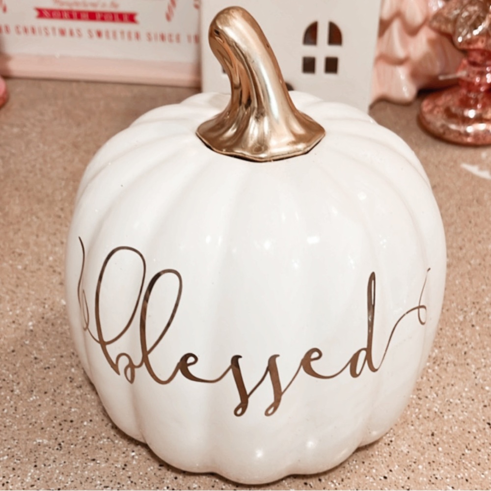 White & gold “blessed” ceramic pumpkin